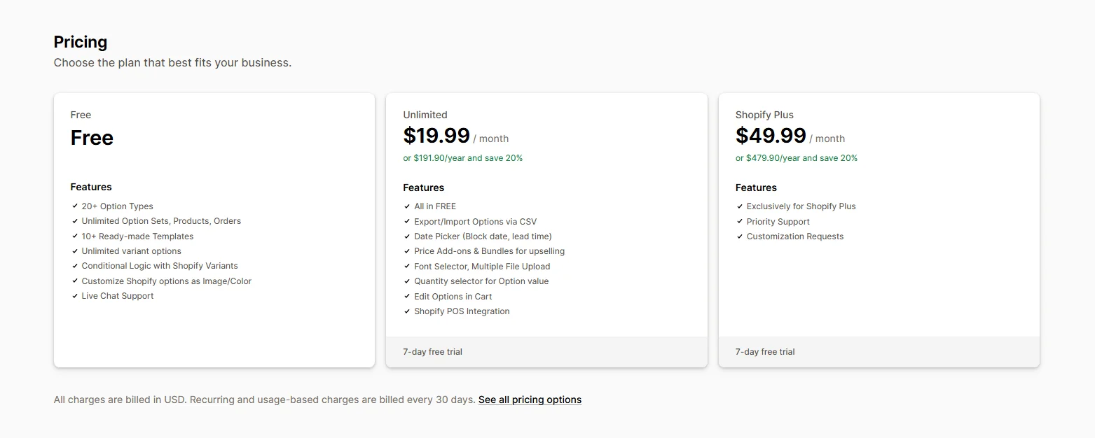 Qikify Custom Product Options pricing: Free, Unlimited at $19.99 per month or $191.90 per year, and Shopify Plus at $49.99 per month or $479.90 per year, with a 7-day free trial on paid plans