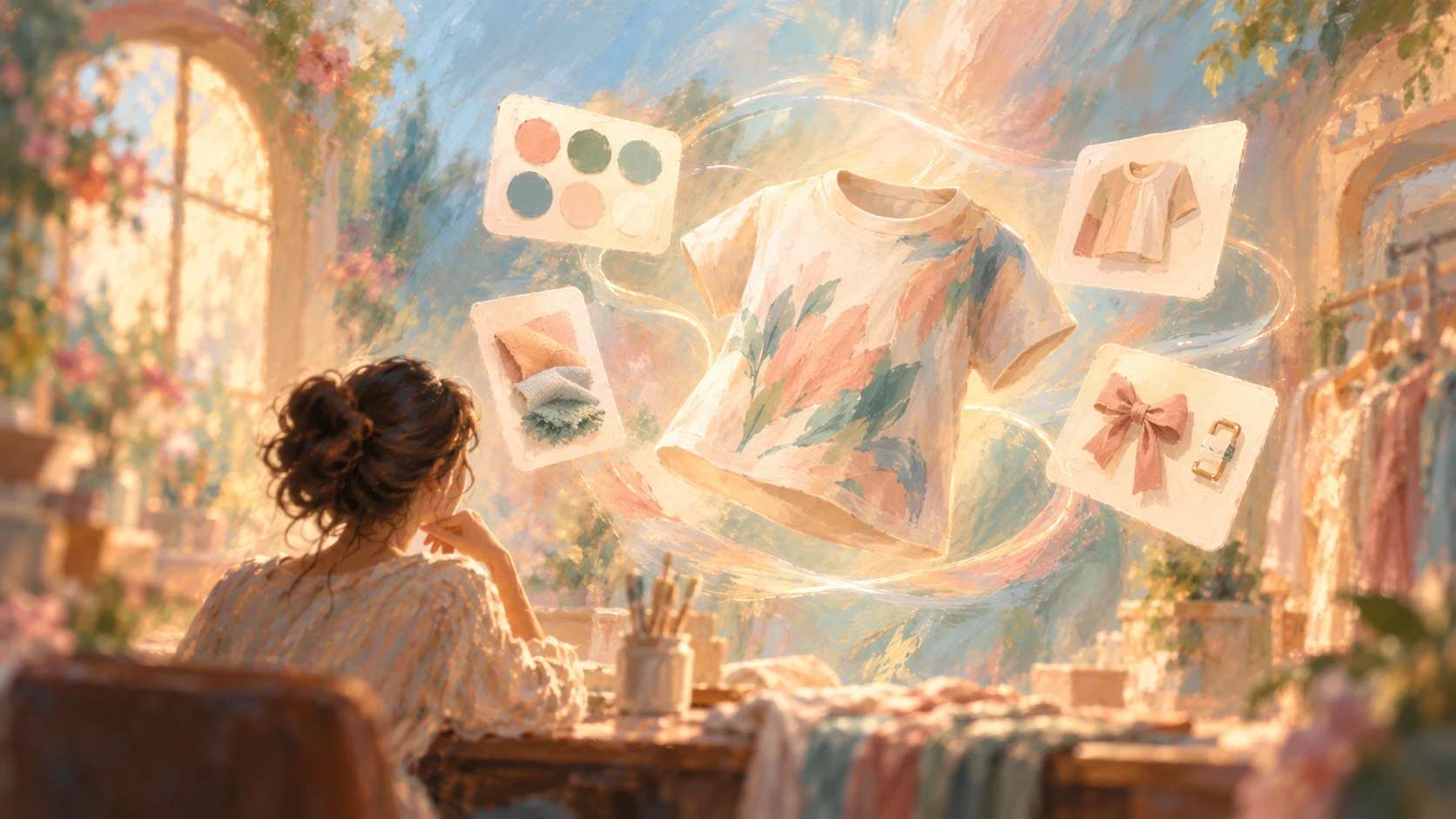 An impressionist painting of a woman at a sunlit studio desk gazing at a floating patterned T-shirt surrounded by panels of color swatches, fabric samples, a folded shirt, and a pink bow, with clothing racks and flowers around her.