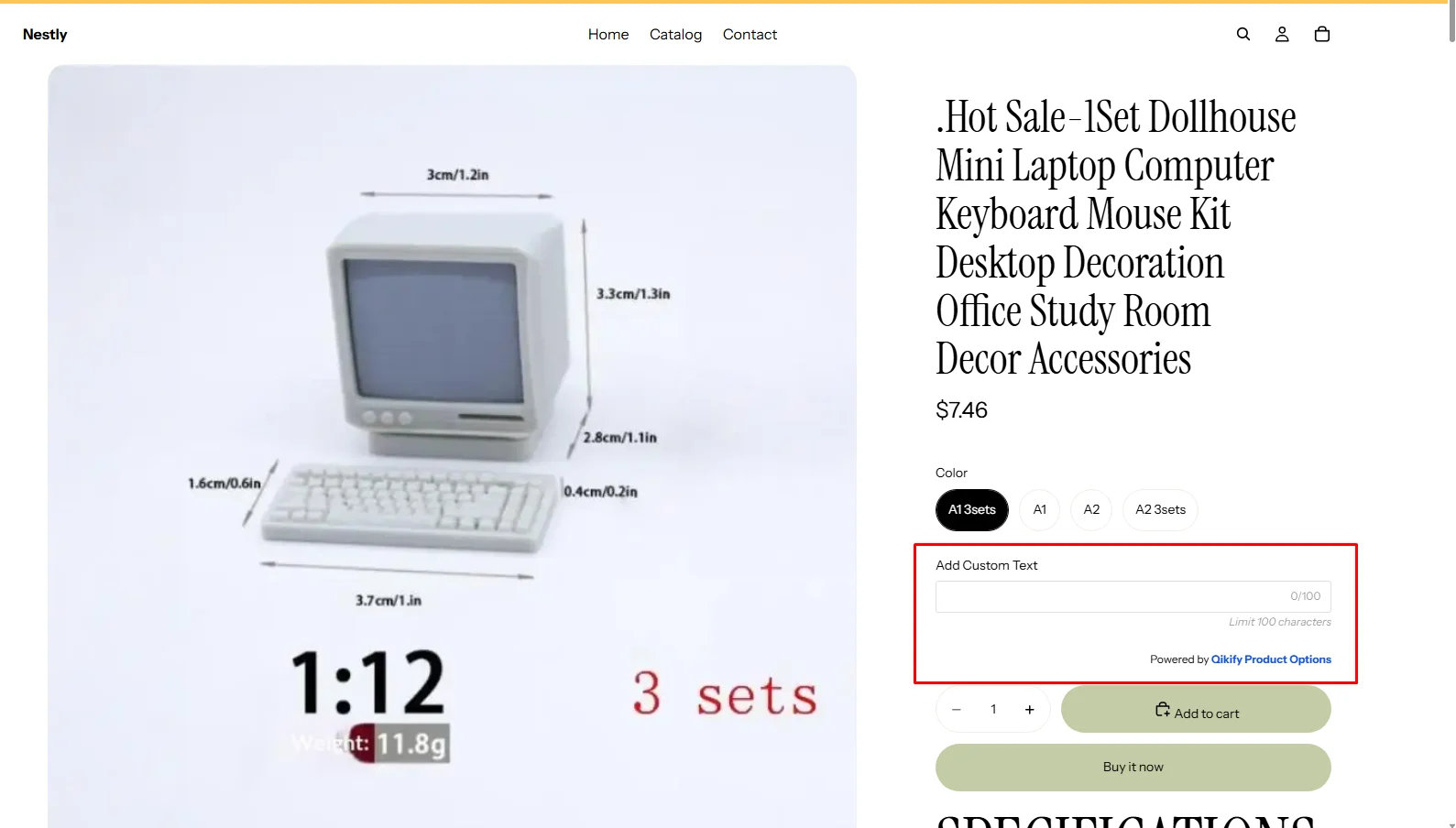 A live Shopify product page with Color variant buttons, an Add Custom Text field with a 0/100 counter and Limit 100 characters note, and a Powered by Qikify Product Options line above the Add to cart button