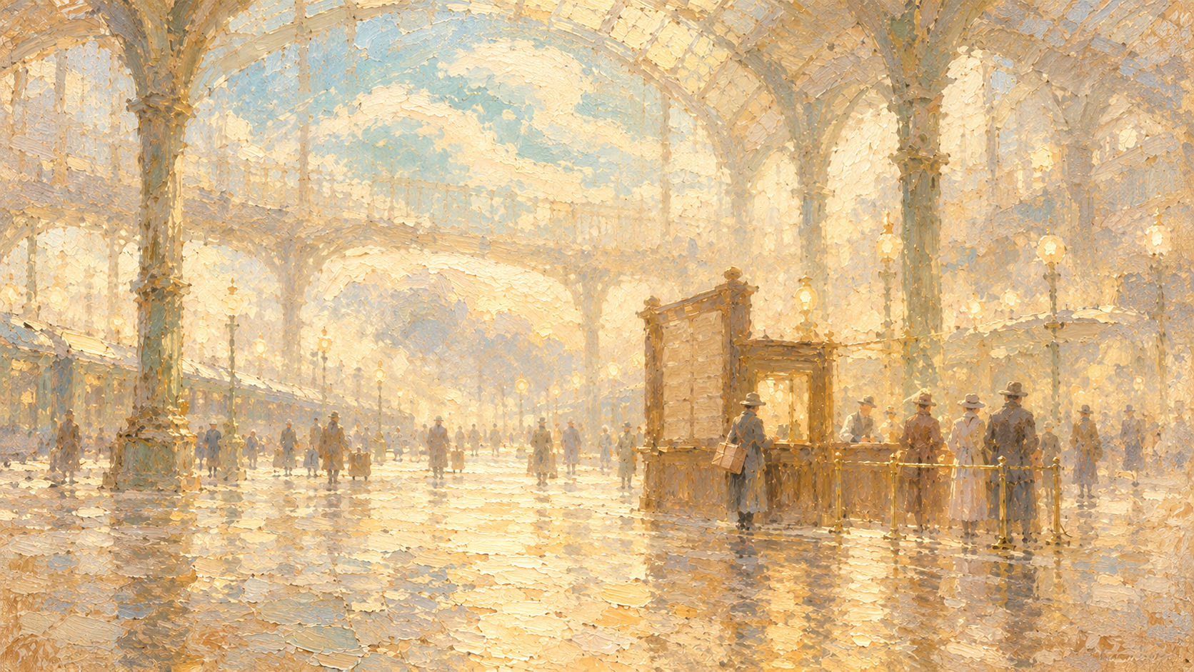 A hazy painterly railway station hall under a glass roof, where a traveller with a parcel stands at a small wooden ticket booth while others wait by a brass rail and passengers stroll across a sunlit, reflective floor