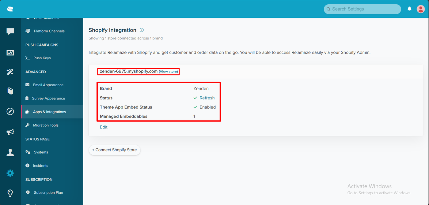 Re:amaze Shopify integration page showing one store connected across one brand, with status OK, theme app embed status enabled, and one managed embeddable