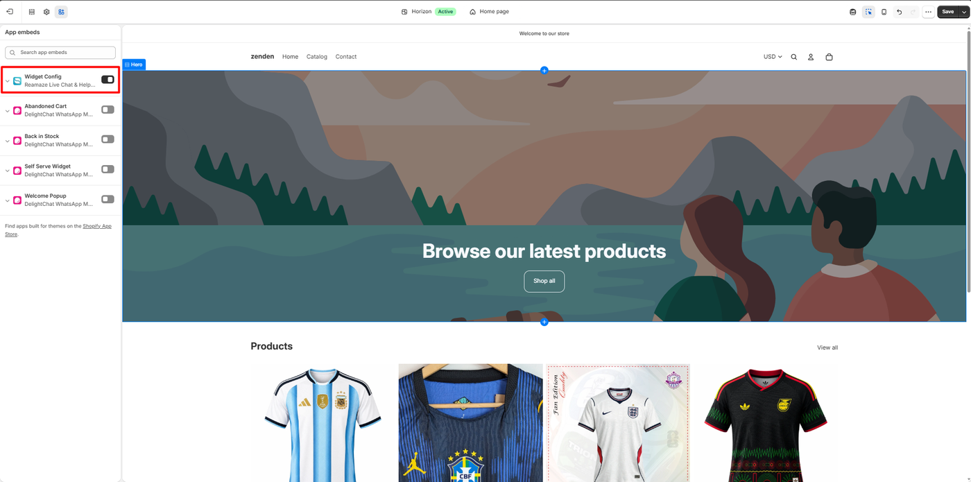 Shopify theme editor showing the Reamaze widget config app embed switched on, with other app embeds switched off