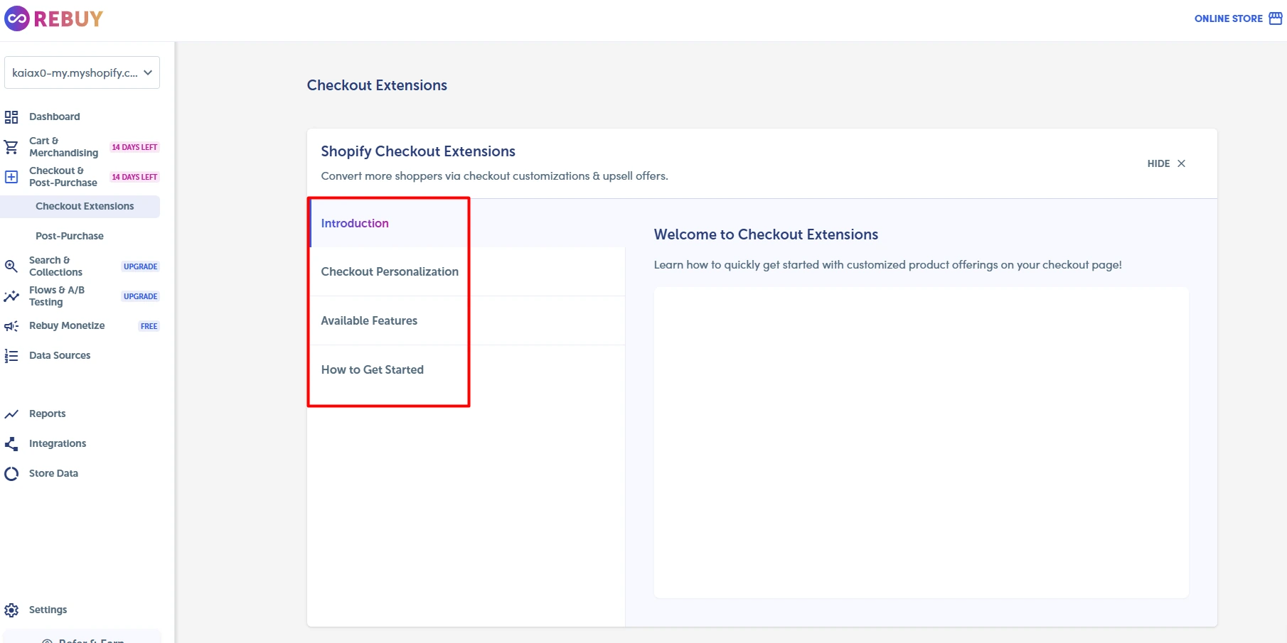 Rebuy Checkout Extensions onboarding screen