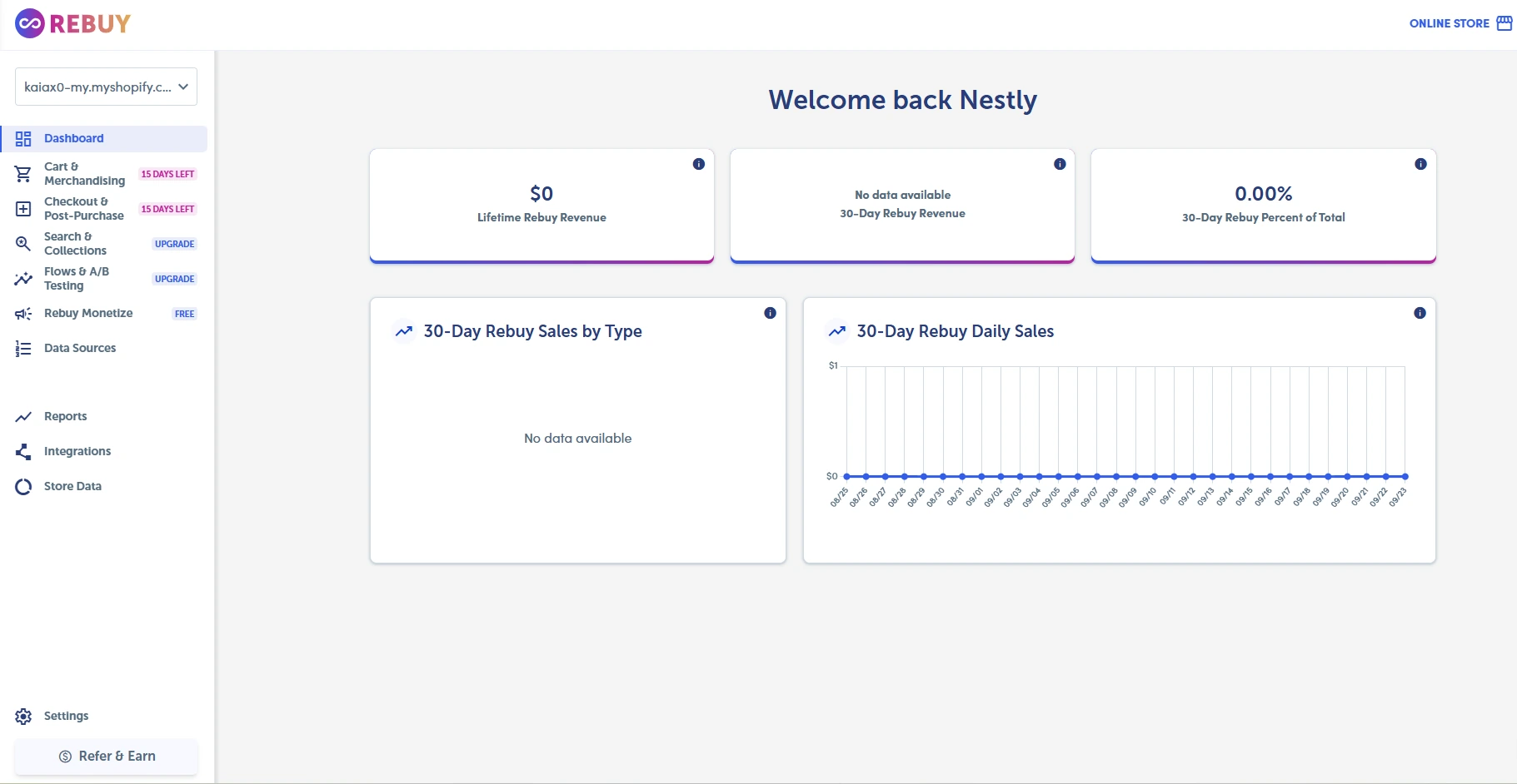 Rebuy dashboard showing revenue overview and navigation