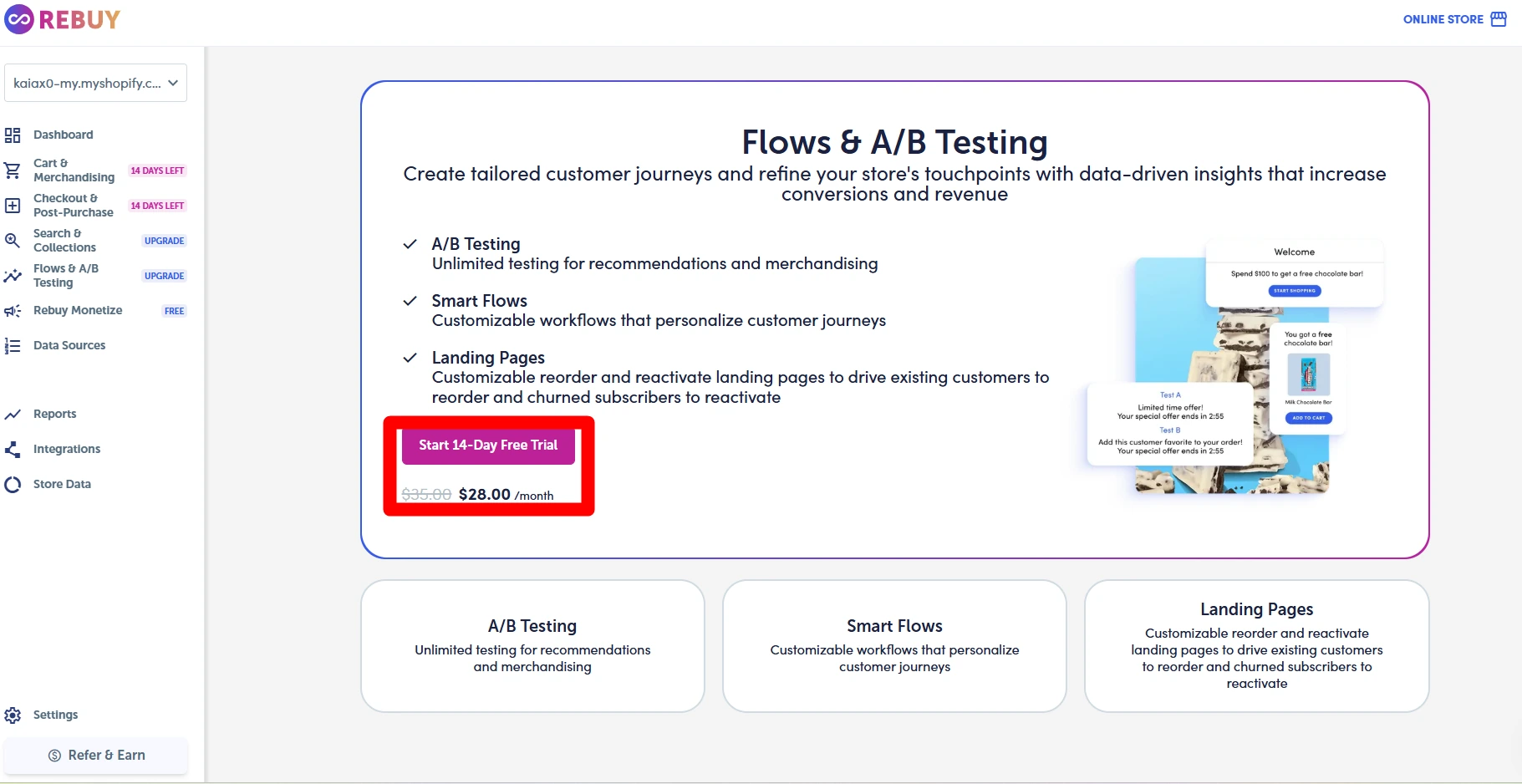 Rebuy Flows and A/B Testing feature screen