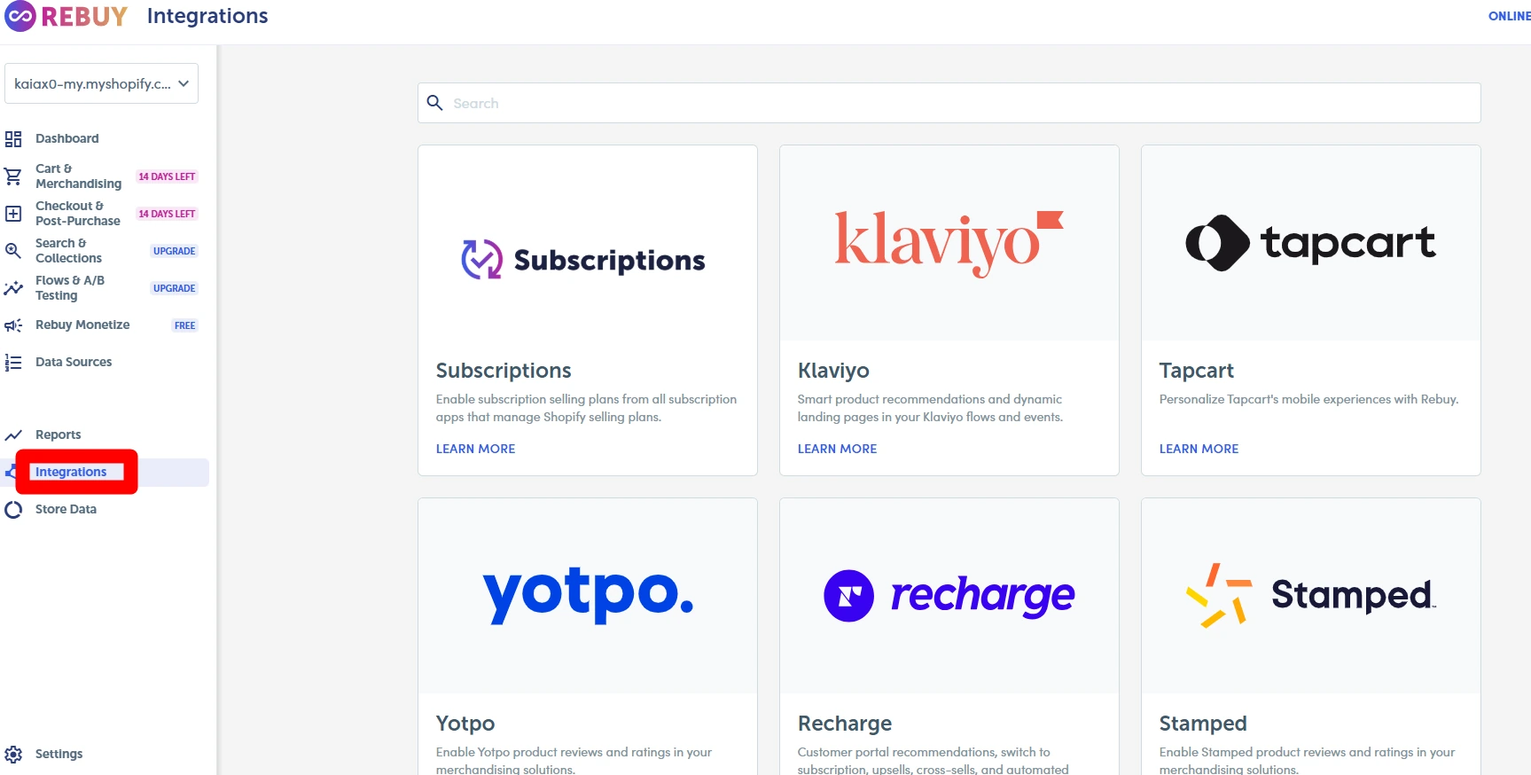 Rebuy integrations dashboard with ecommerce app connections