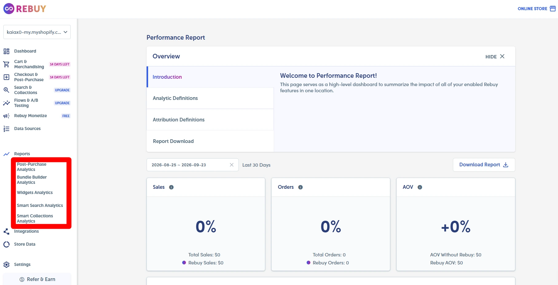 Rebuy Performance Report showing sales orders and AOV metrics