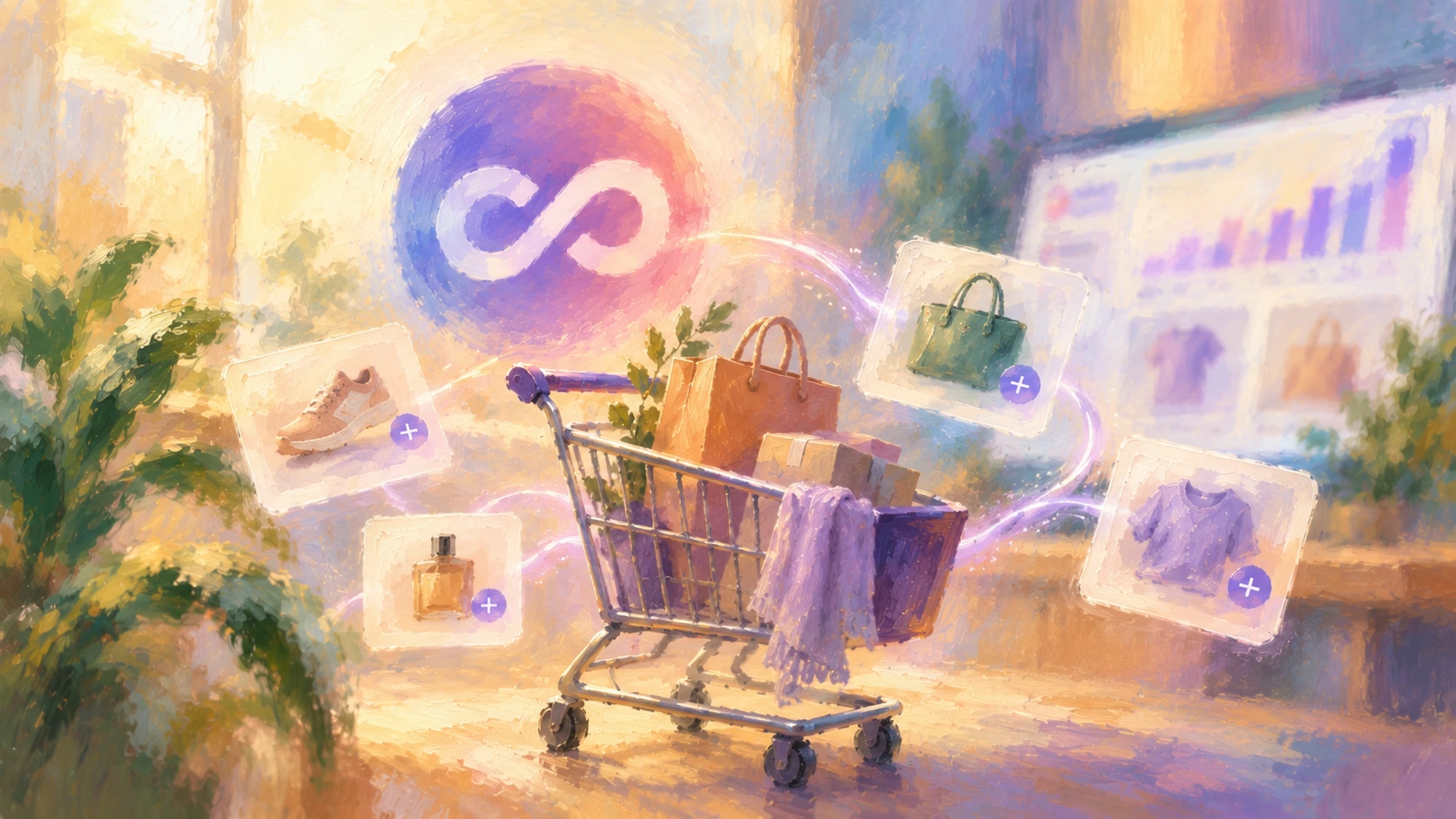 A soft impressionistic oil painting suggesting personalized ecommerce recommendations around a shopping cart.