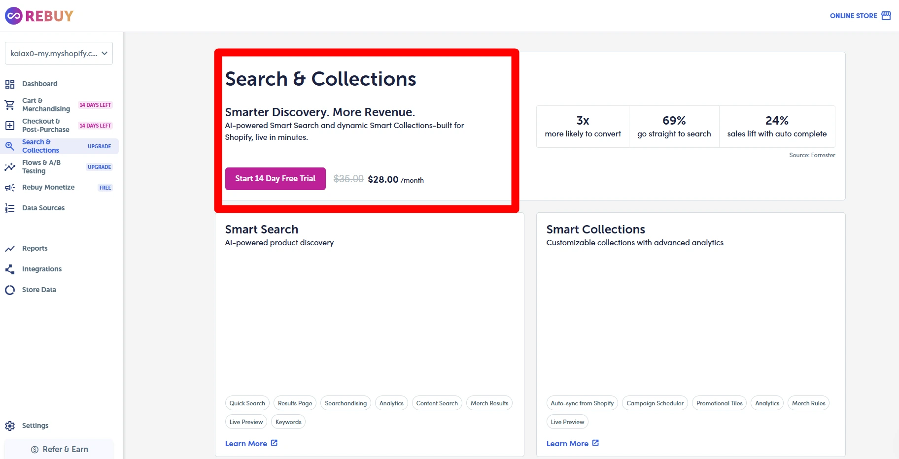 Rebuy Search and Collections feature screen