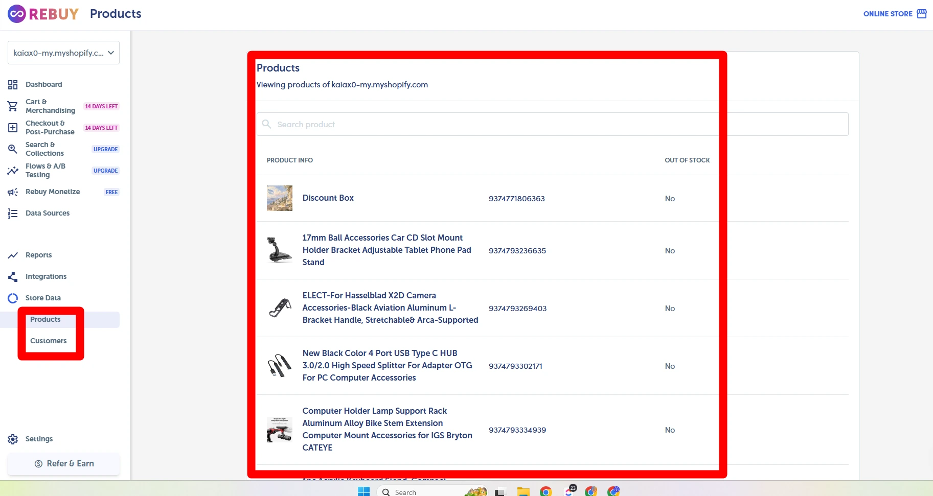 Rebuy Store Data product list synced from Shopify