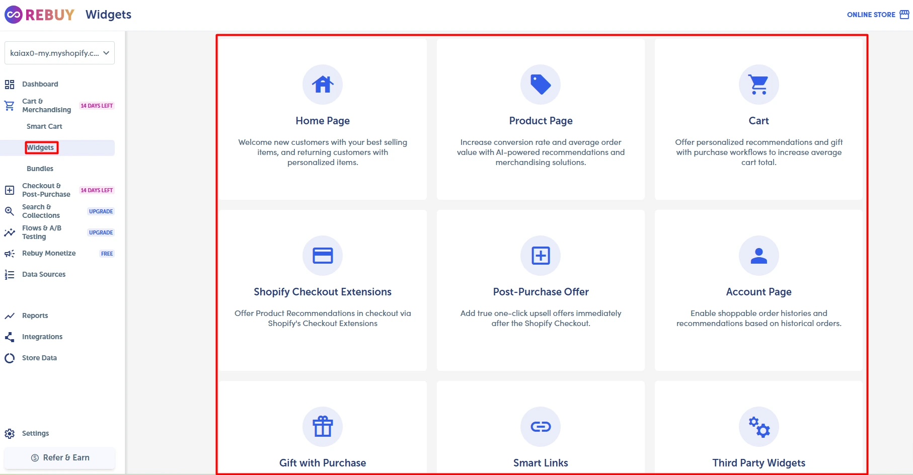 Rebuy merchandising widgets for different shopping journey pages