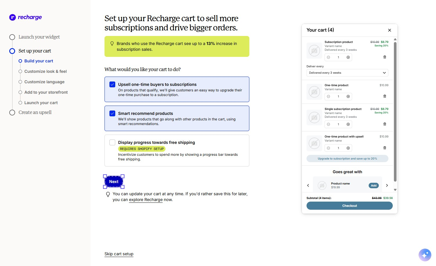 Recharge cart builder with subscription upsell and smart product recommendations enabled, and a sample cart preview on the right