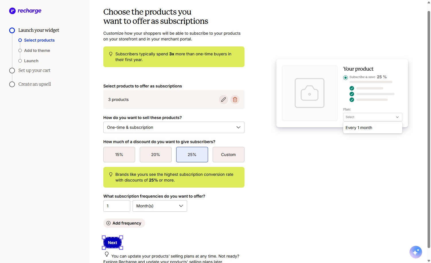 Recharge onboarding screen with three products selected, a 25% subscriber discount, a monthly frequency, and a widget preview on the right
