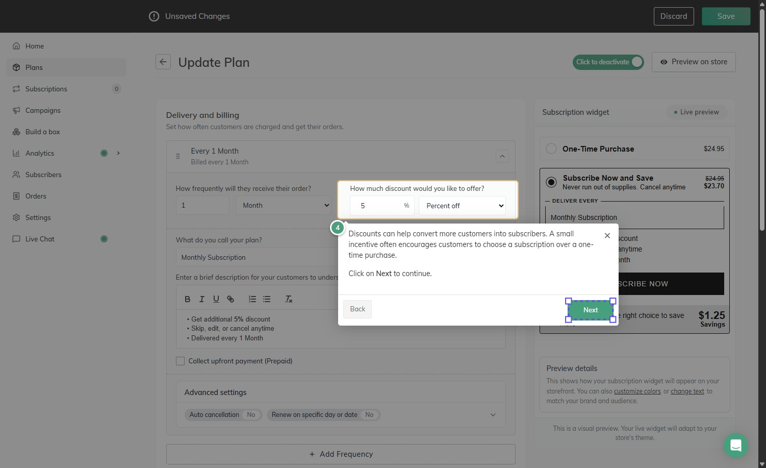 Recurpay’s Update Plan screen with a monthly frequency, a 5% percent-off discount, plan name and description fields, a prepaid checkbox, and a live widget preview showing $24.95 reduced to $23.70