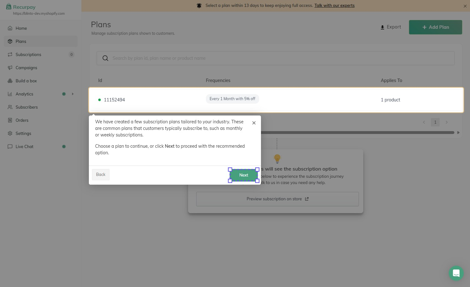 Recurpay’s Plans page in the Shopify admin with a pre-created plan billed every 1 month at 5% off, a guided tour tooltip, and the Recurpay menu on the left