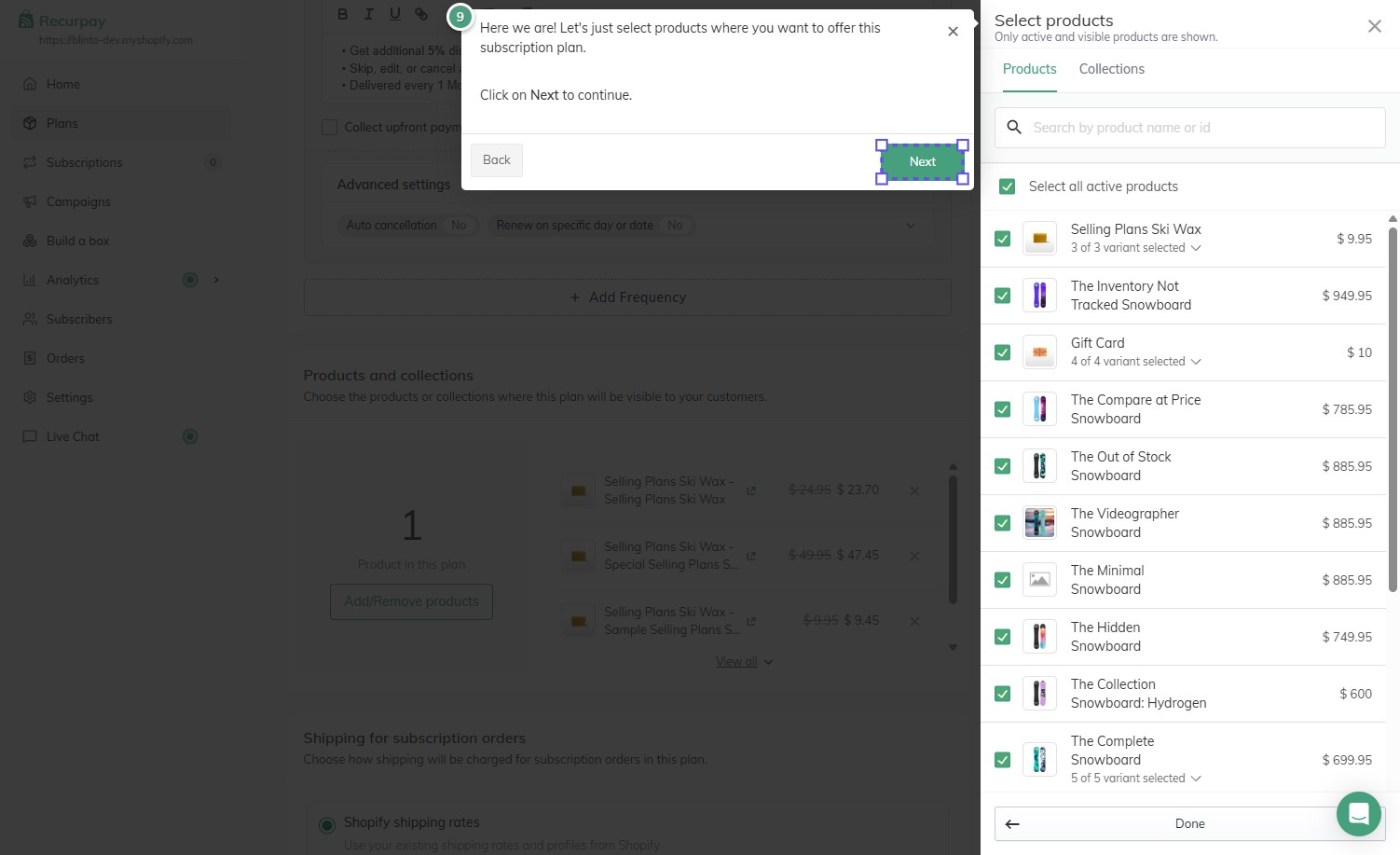 Recurpay’s Select products panel with Select all active products checked, showing snowboards and a gift card all selected