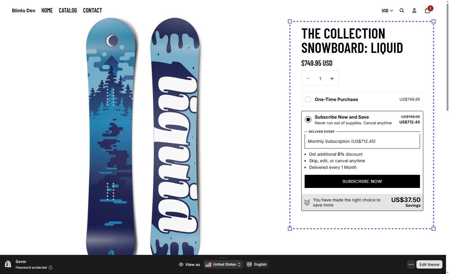 A product page on the Blinto Dev storefront with Recurpay’s widget showing One-Time Purchase at US$749.95 and Subscribe Now and Save selected at US$712.45, with a US$37.50 savings banner
