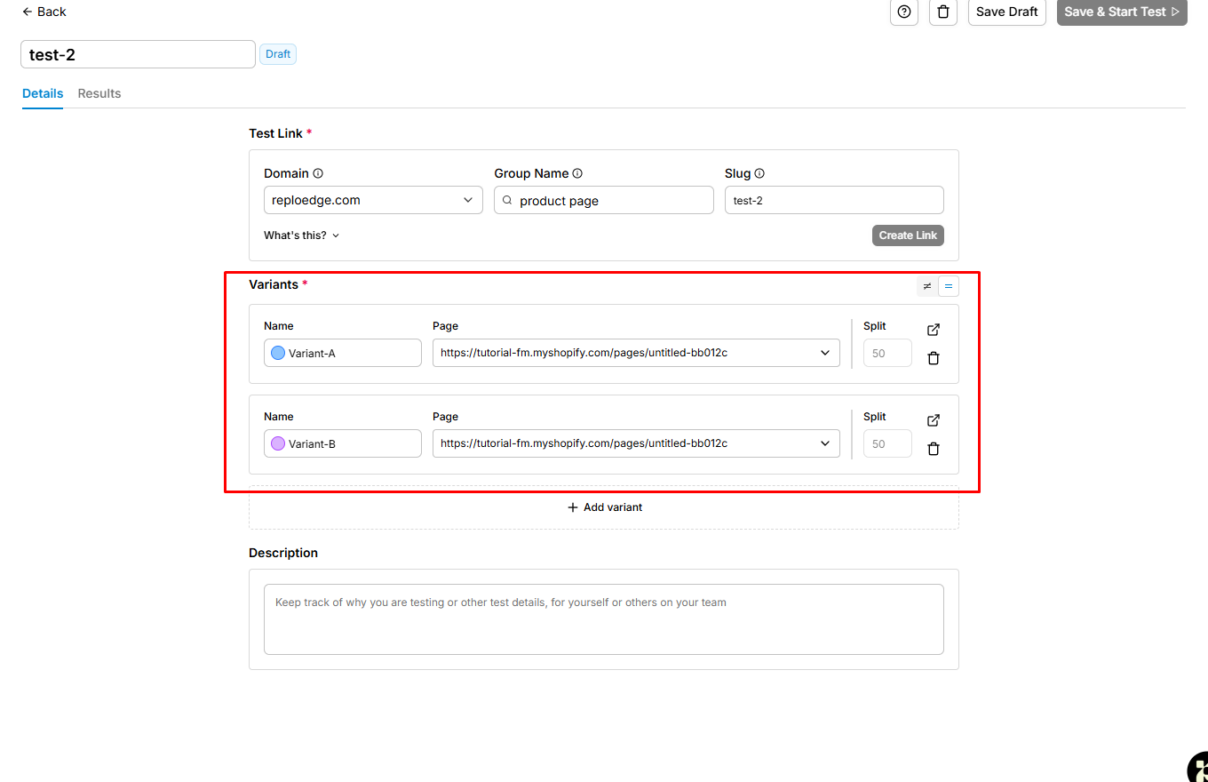 Replo A/B testing setup showing a test URL, two page variants and an even traffic split