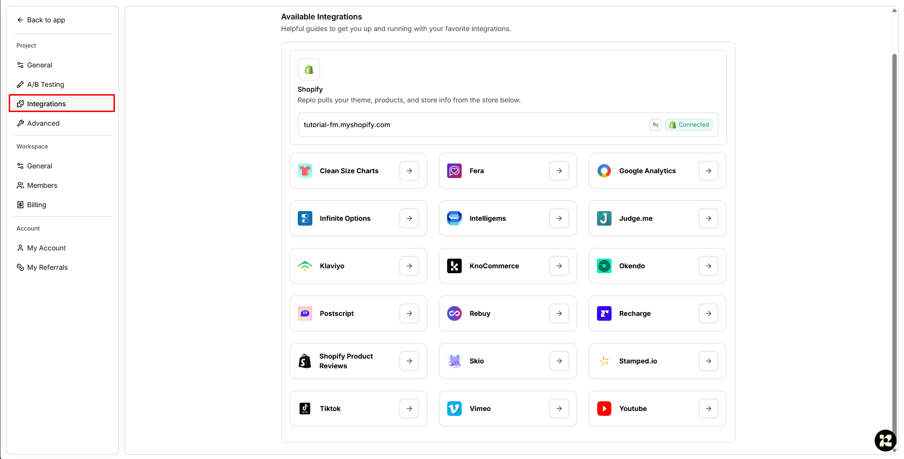 Replo integrations catalog listing Shopify plus review, subscription, marketing and analytics tools