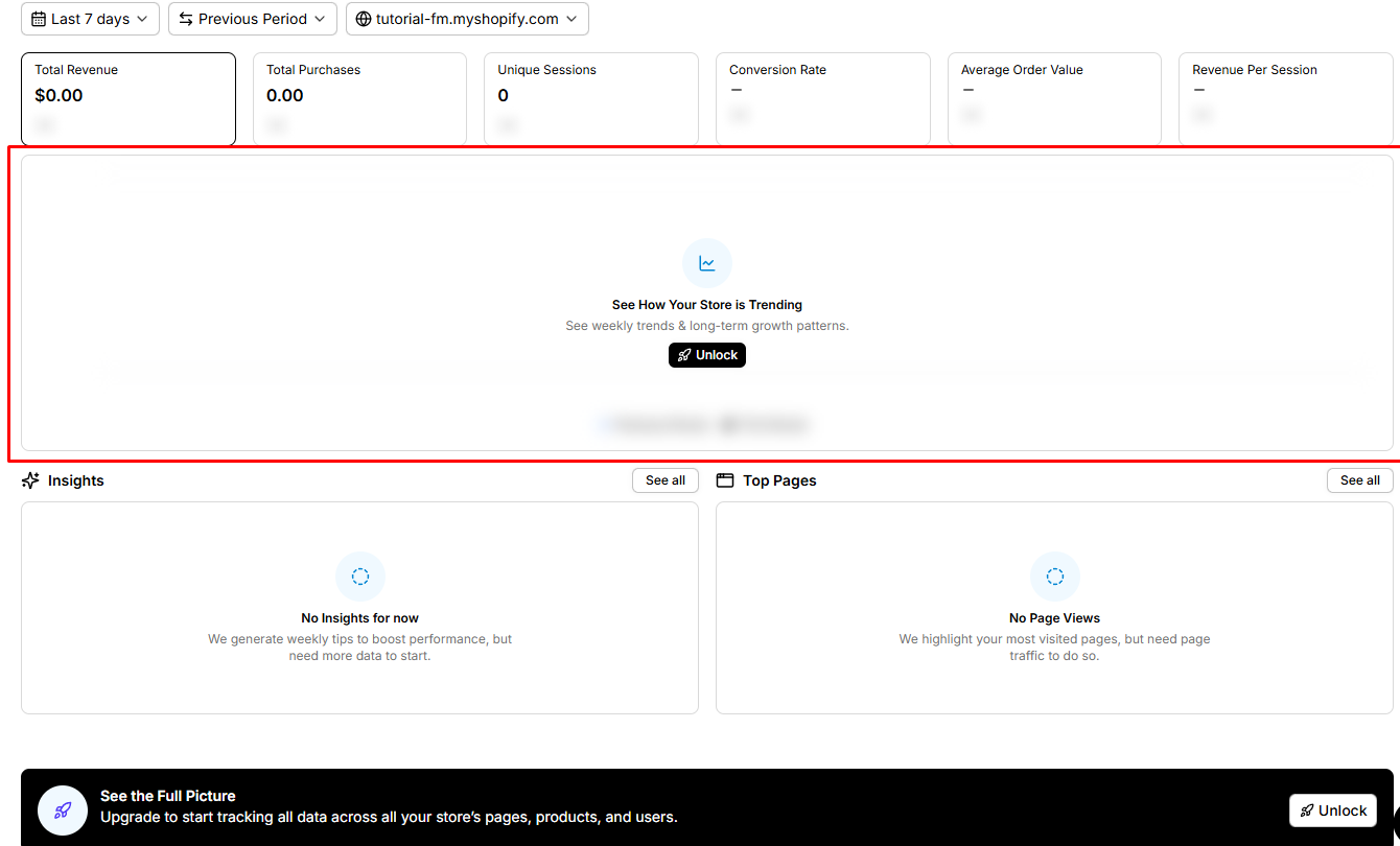 Replo analytics dashboard showing metric cards alongside Unlock and upgrade prompts for full tracking
