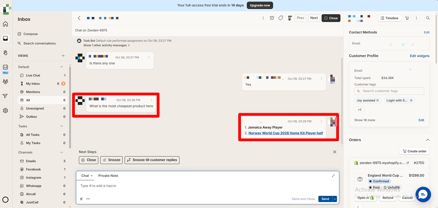 Richpanel inbox showing the chat with the task bot assignment note, the shopper’s question and the team member’s reply, and a customer profile with total spent, customer tags and a Shopify order with refund and cancel buttons