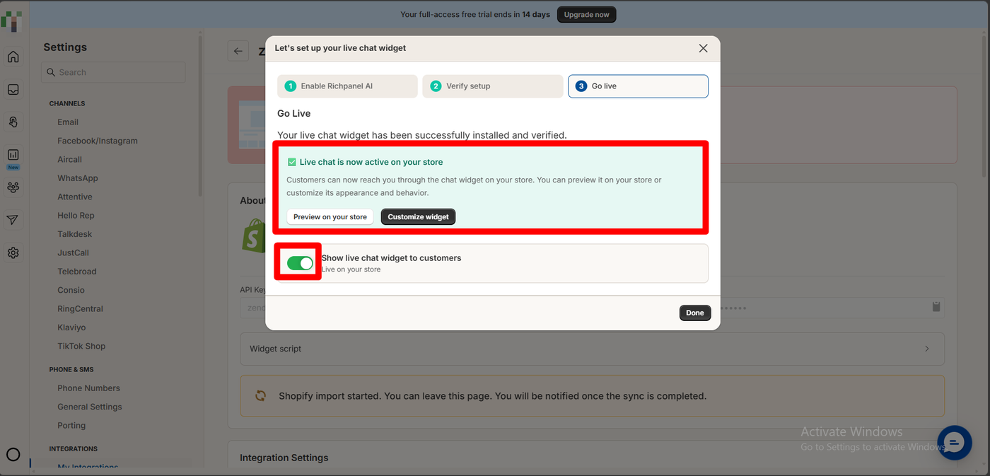 Richpanel live chat setup with three steps, enable Richpanel AI, verify setup and go live, showing that live chat is now active on the store and a toggle to show the widget to customers