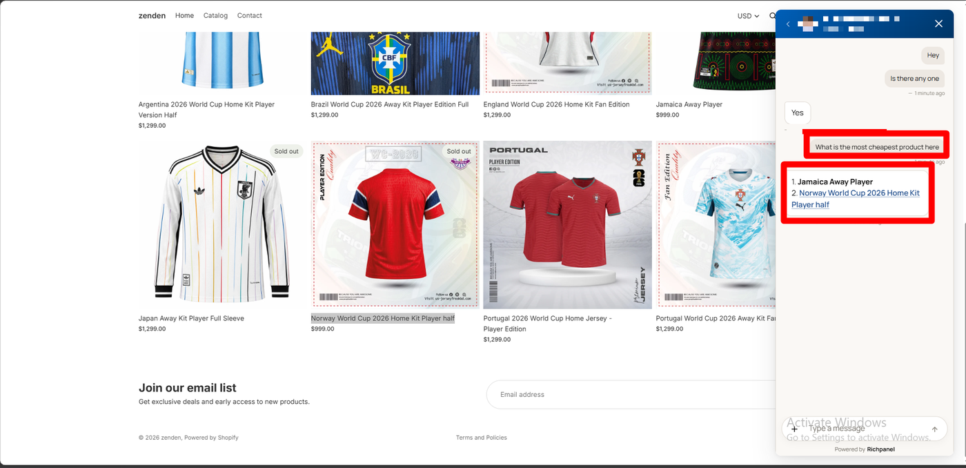 zenden storefront with the Richpanel chat open, where the shopper asks for the cheapest product and a team member replies with the Jamaica away jersey and the Norway home jersey, both shown at 999 dollars in the grid