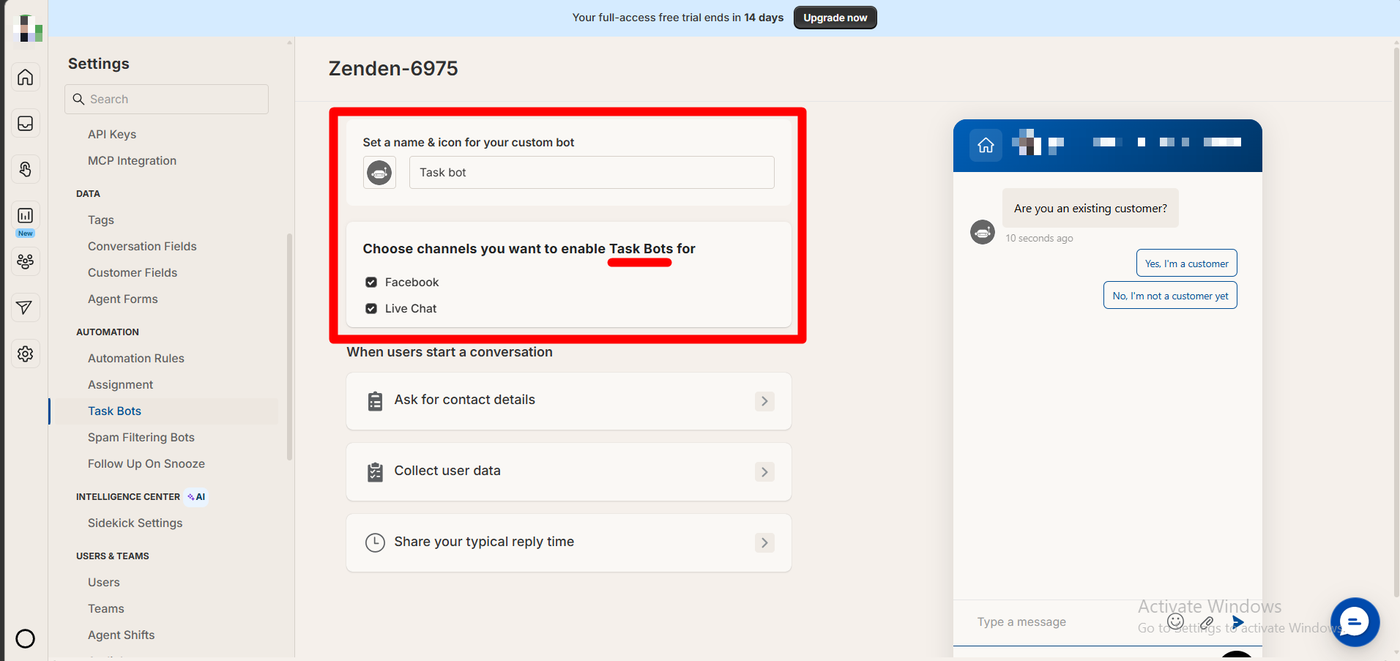 Richpanel task bot settings with the bot name, Facebook and live chat channels enabled, flows for asking contact details, collecting user data and sharing reply time, and a preview asking if the shopper is an existing customer