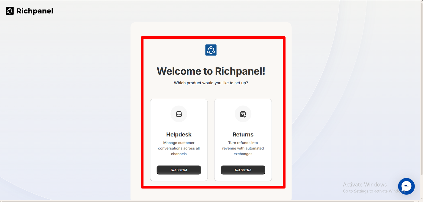 Richpanel welcome screen asking which product to set up, with a helpdesk option to manage customer conversations across all channels and a returns option for automated exchanges