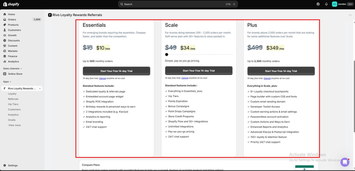 Rivo in-app plan page showing Essentials, Scale, and Plus plans with listing prices struck through and lower monthly prices displayed, each with a 14-day free trial