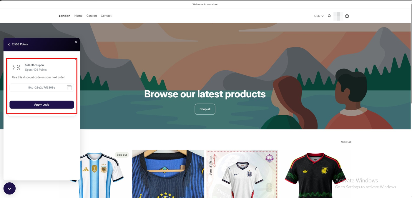 Rivo rewards panel showing a 20 dollar off coupon redeemed for 400 points with a generated discount code, a copy button, and an Apply code button