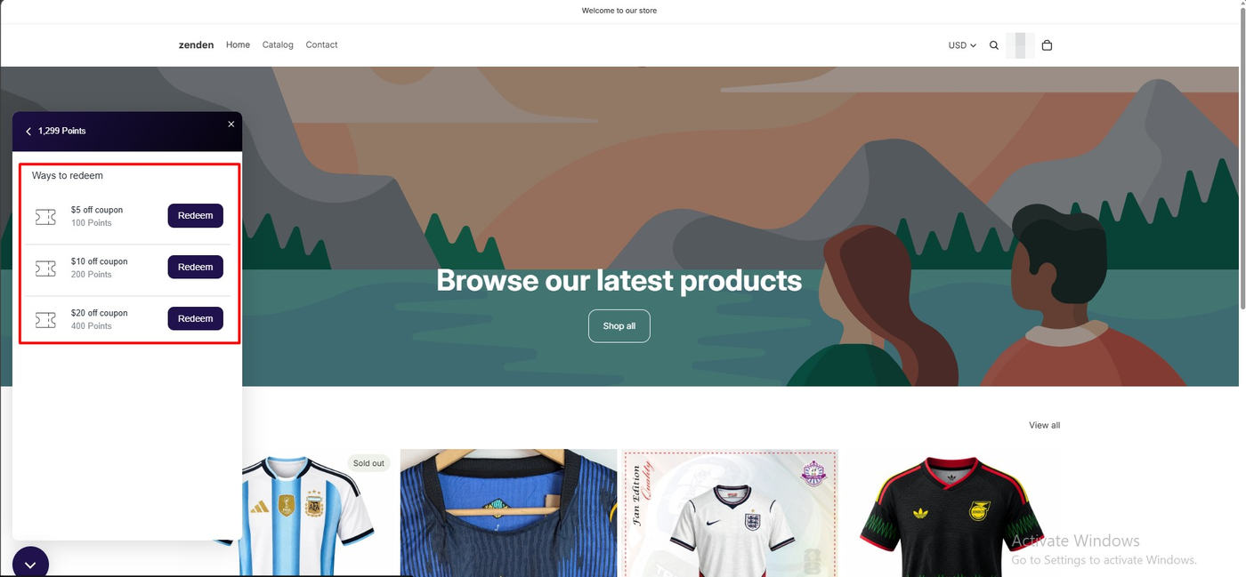 Rivo storefront rewards panel showing a balance of 1,299 points and three ways to redeem: 5 dollars off for 100 points, 10 dollars off for 200 points, and 20 dollars off for 400 points, each with a Redeem button