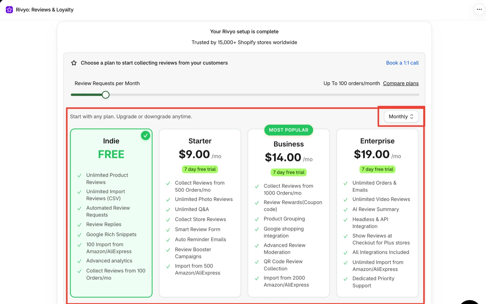 Rivyo plan screen after setup with a Review Requests per Month slider at up to 100 orders a month, a Monthly billing selector, and four plans: Indie free with 100 orders a month, Starter at 9 dollars, Business at 14 dollars marked Most Popular, and Enterprise at 19 dollars, each paid plan with a 7-day free trial
