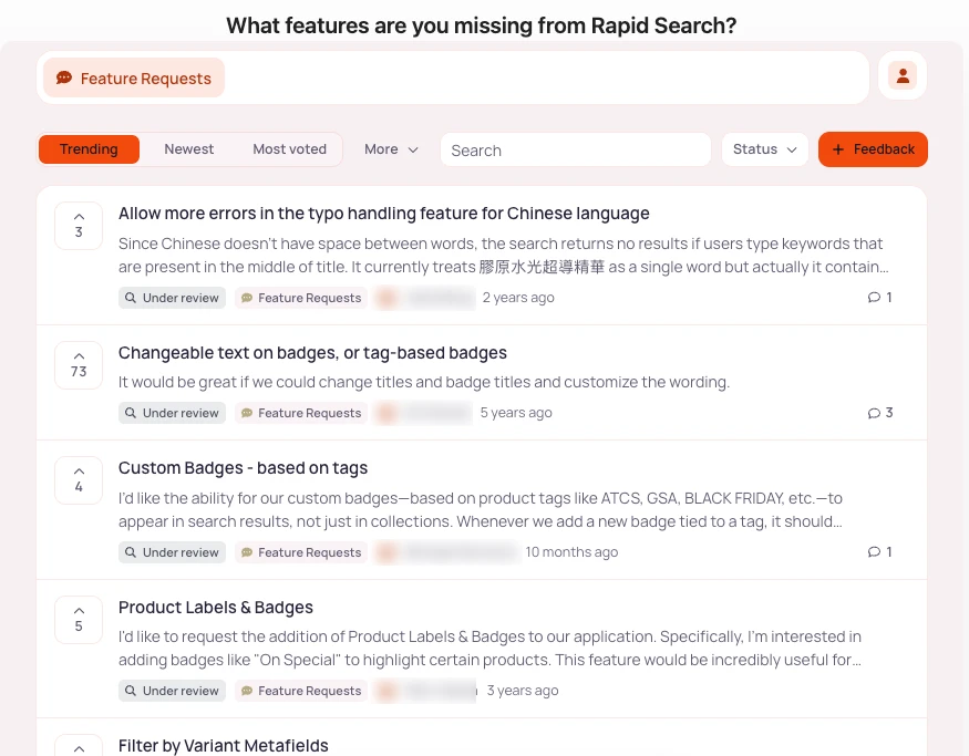 The Rapid Search public feature-request board with requests for Chinese typo tolerance, changeable badge text or tag-based badges with 73 votes, custom tag-based badges, product labels and badges, and filtering by variant metafields, each marked Under review