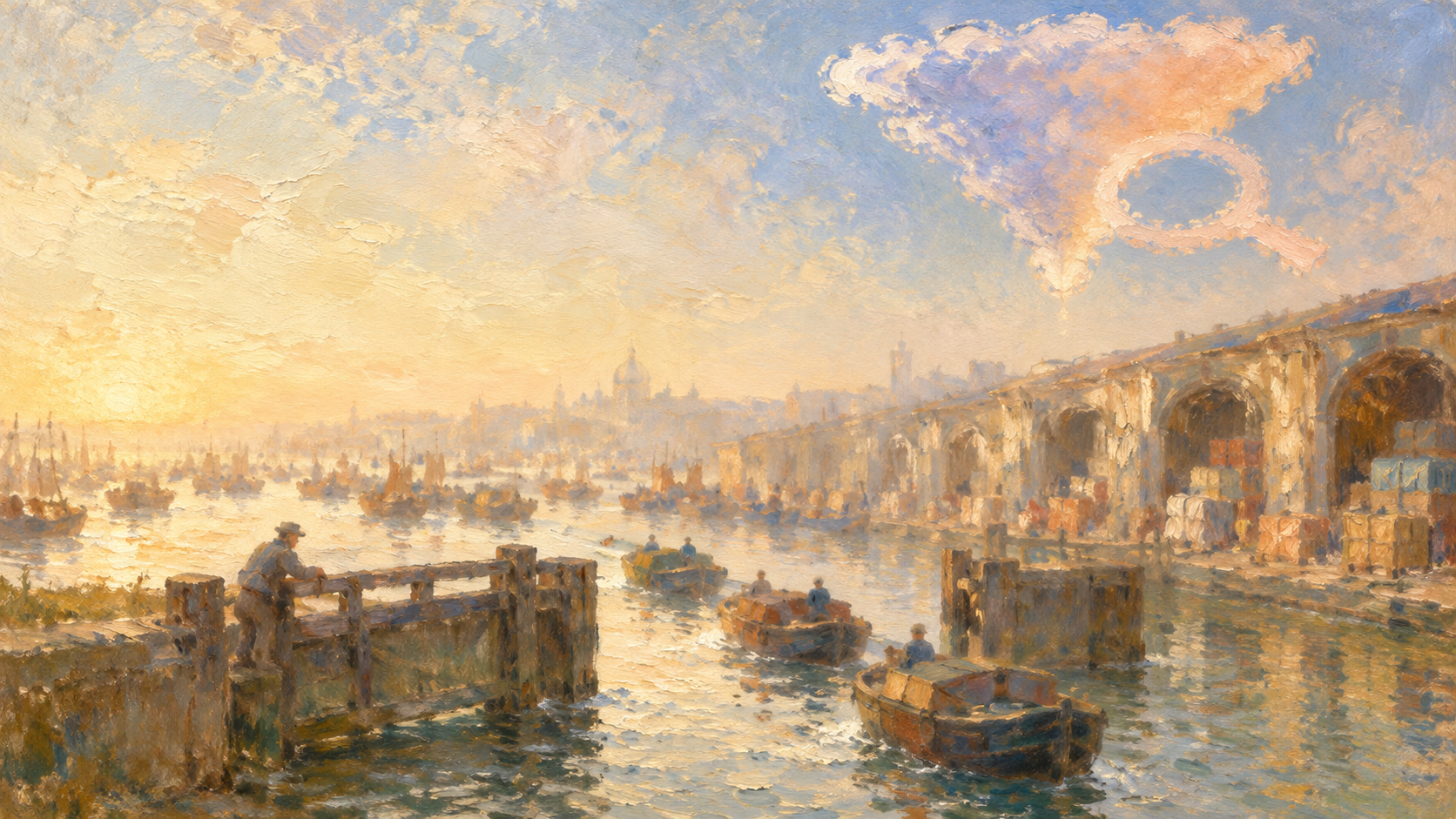 A soft vintage oil painting of a lock keeper leaning on a wooden canal gate as a short line of small boats glides toward arched harbour warehouses stacked with crates, while many more boats crowd the hazy water upstream under a golden sky with a periwinkle-to-apricot cloud shaped like a funnel and magnifying glass.