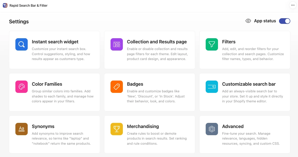 RS: AI Search Bar & Filter Settings page with an App status toggle and nine cards: Instant search widget, Collection and Results page, Filters, Color Families, Badges, Customizable search bar, Synonyms, Merchandising and Advanced