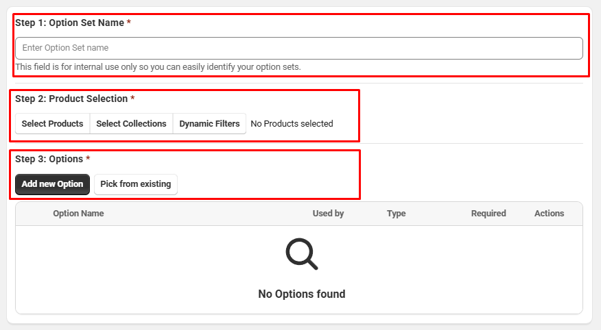 SC Product Options Create Option Set screen with Step 1 Option Set Name, Step 2 Product Selection with Select Products, Select Collections, and Dynamic Filters, and Step 3 Options with Add new Option and Pick from existing