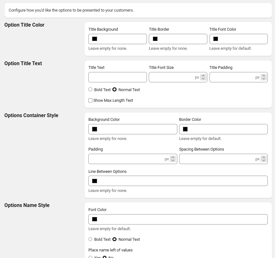 SC Product Options Display Settings with color, font size, padding, and bold or normal text controls for option titles, the options container, and option names