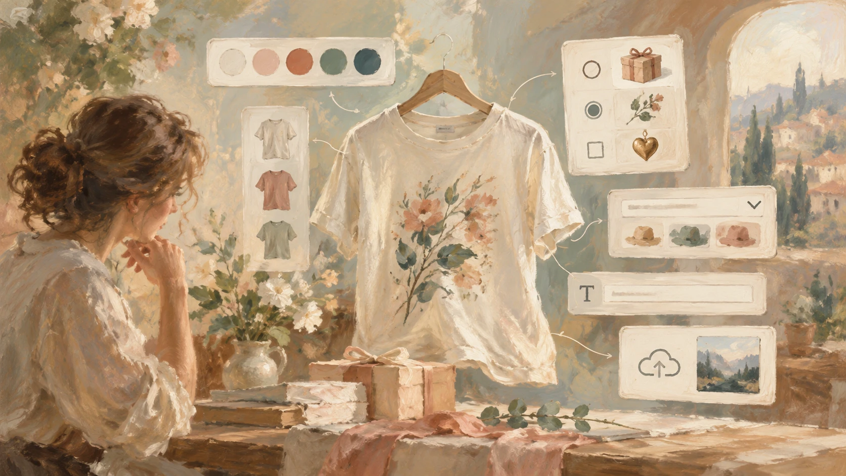 An impressionist painting of a woman at a sunlit table looking at a cream floral T-shirt on a hanger, surrounded by floating panels of color swatches, shirt styles, gift add-ons, a dropdown, a text field, and an image upload, with a hillside village through an arched window.