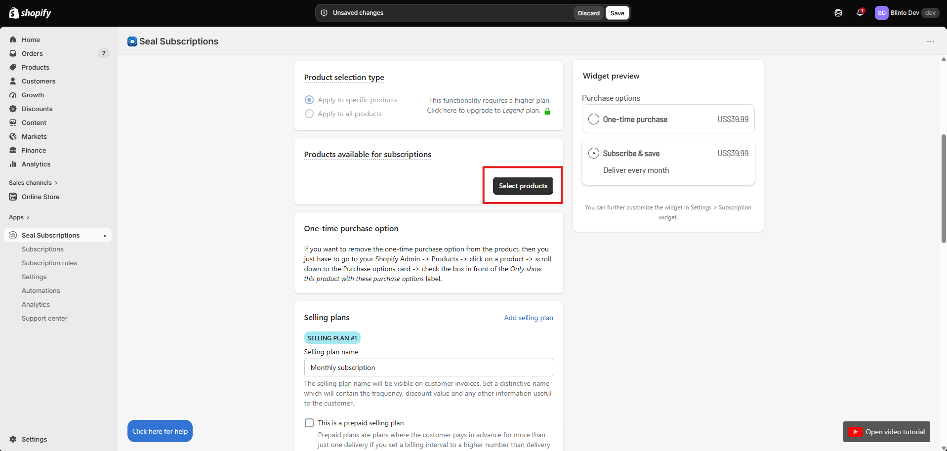Seal Subscriptions rule editor with Apply to all products locked and a note that it requires an upgrade to the Legend plan, next to a live widget preview