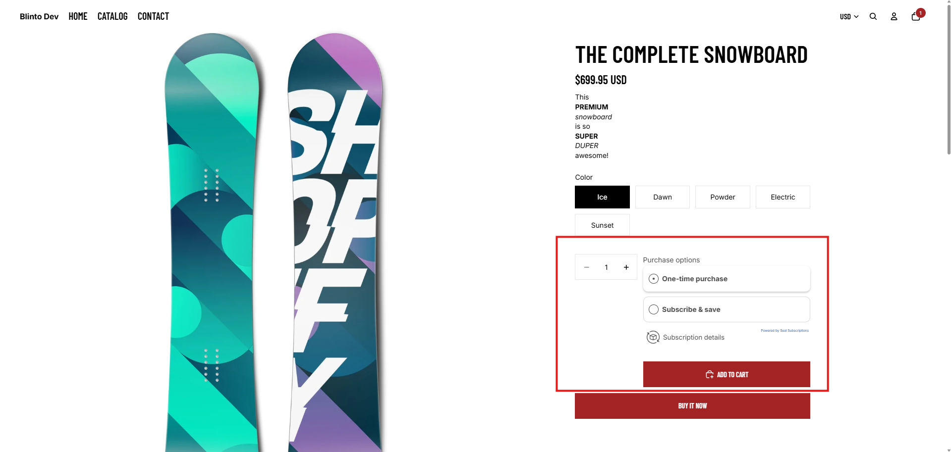 A product page on the Blinto Dev storefront with Seal’s Purchase options showing One-time purchase and Subscribe & save, a Subscription details link, and a Powered by Seal Subscriptions link