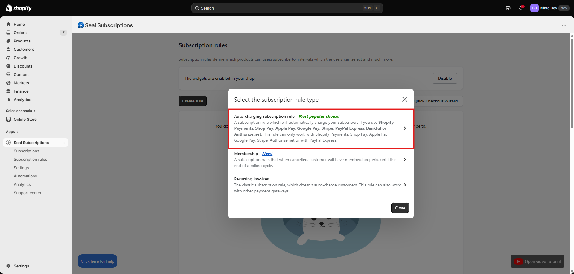 Seal Subscriptions rule type dialog offering an auto-charging subscription rule, a membership rule, and a recurring invoices rule
