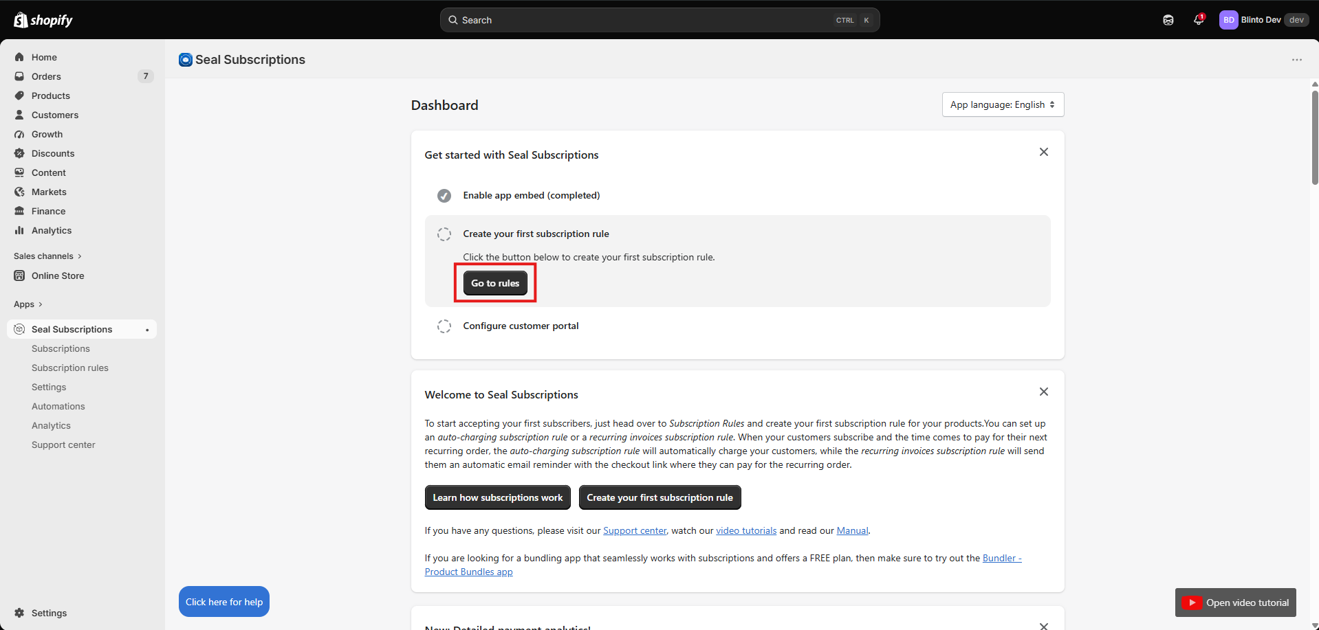 Seal Subscriptions dashboard in the Shopify admin, with a get-started checklist showing the app embed enabled and steps to create a subscription rule and configure the customer portal