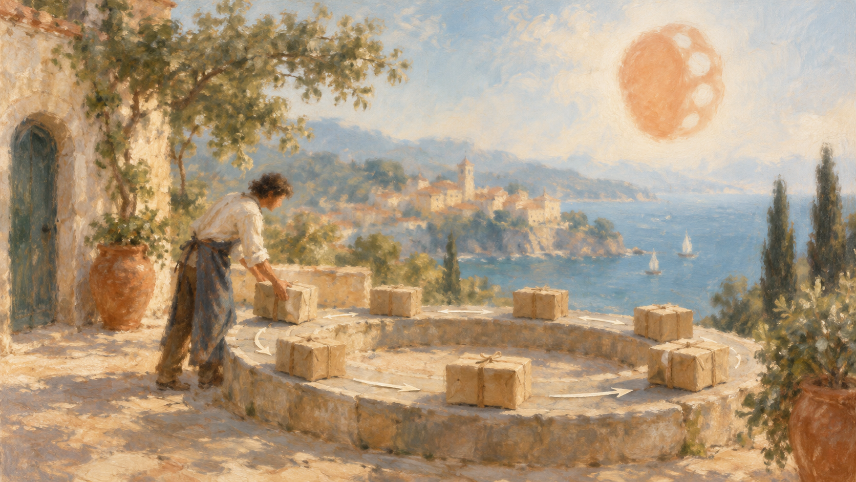 A shopkeeper arranging parcels in a circle on a sunlit stone terrace above a coastal village, beneath a soft peach sky emblem
