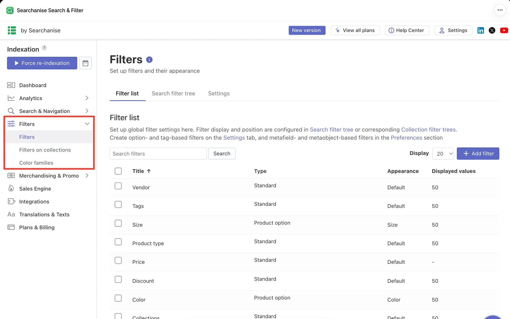 Searchanise filter list showing default filters for vendor, tags, size, product type, price, discount, color, collections, and availability