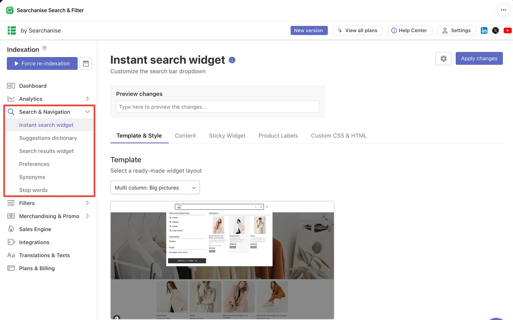 Searchanise instant search widget settings with a live preview box, template selector, and style tabs
