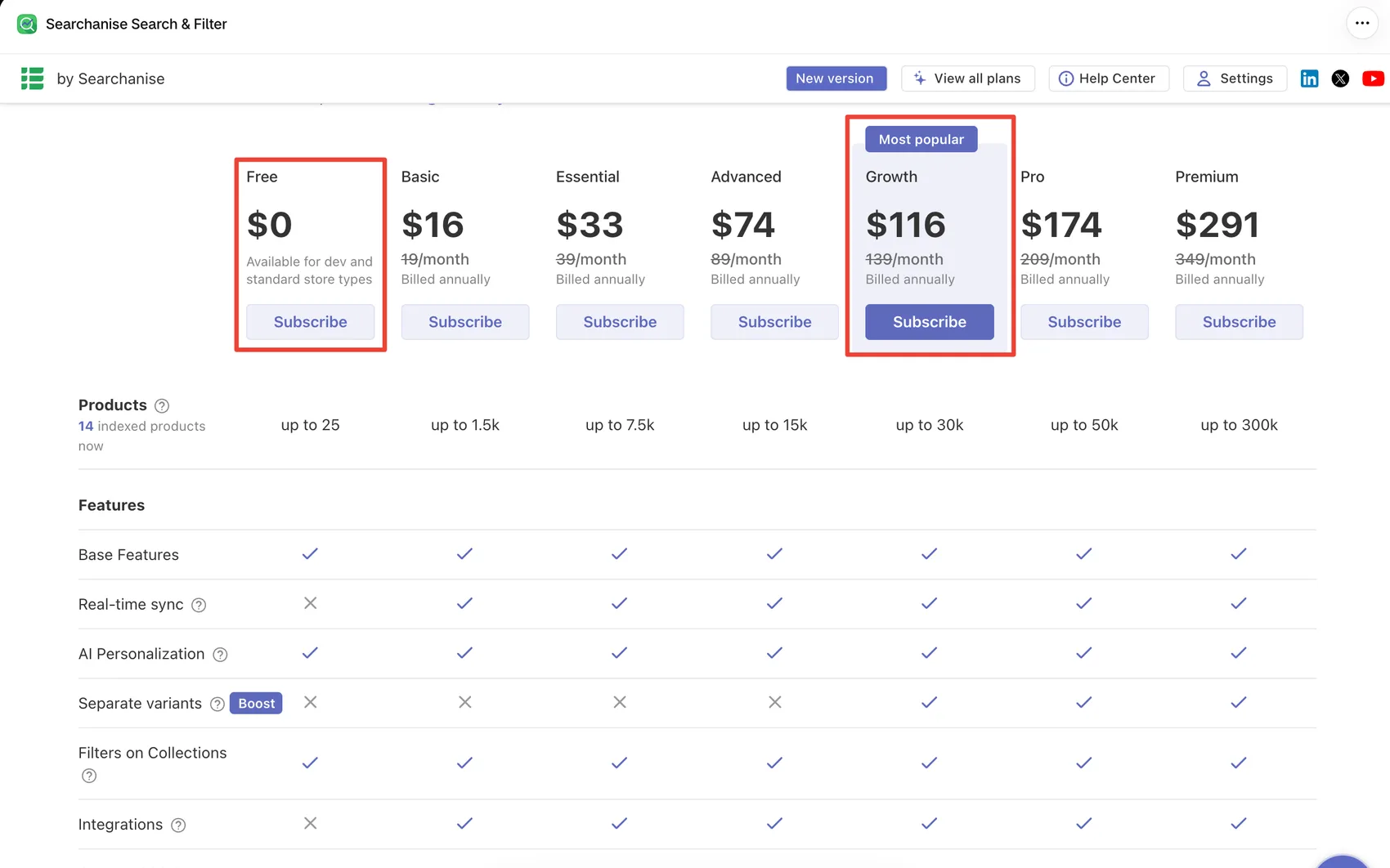 Searchanise in-app plan comparison showing Free through Premium plans, product limits, and features such as real-time sync and separate variants