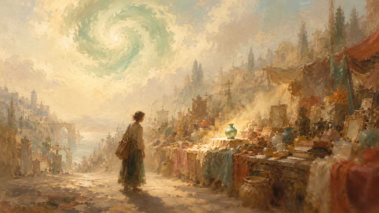 A soft vintage oil painting of a shopper at a crowded market stall where a beam of light picks out a single green vase, with a pale green swirl in the clouds above.