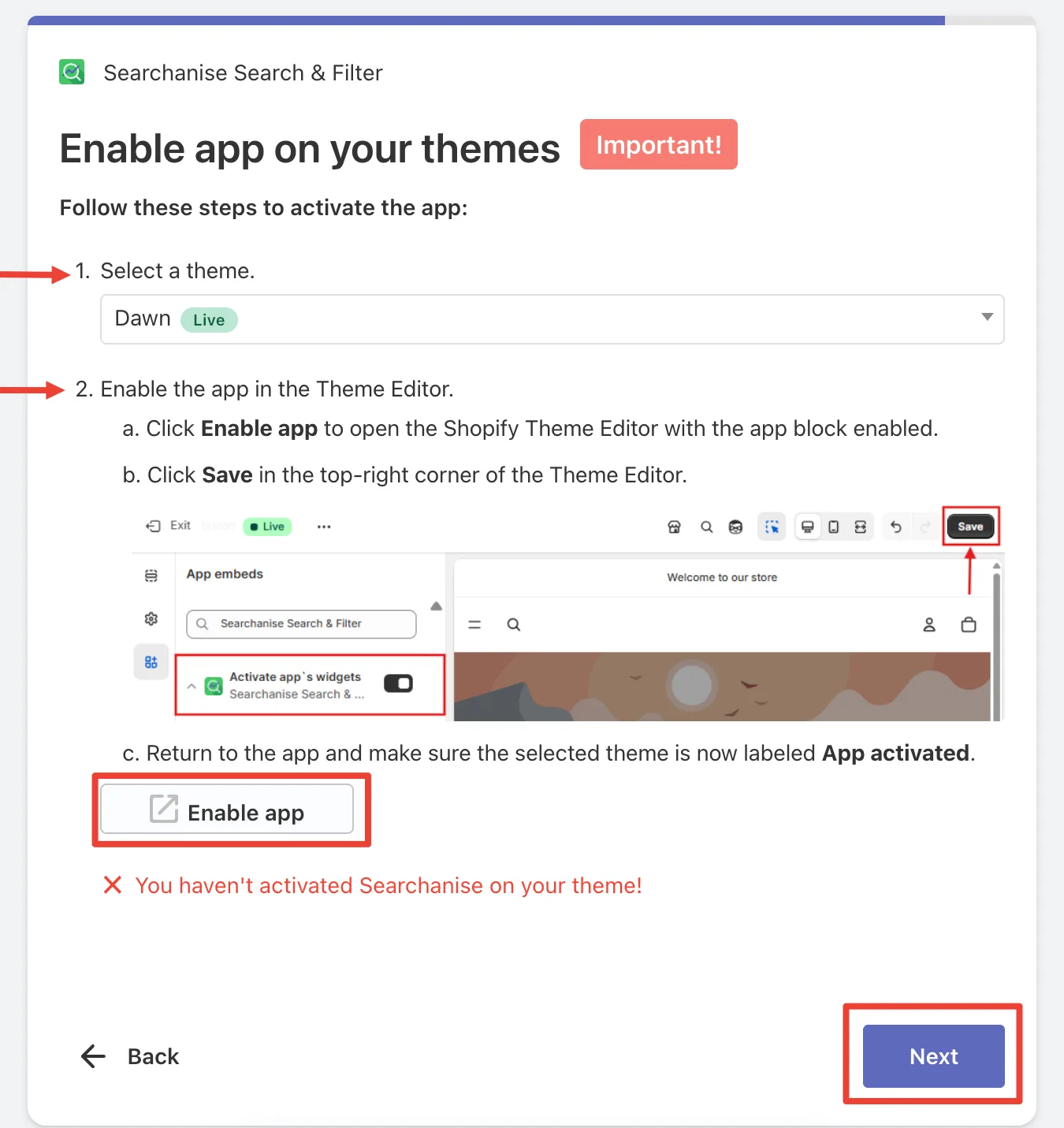 Searchanise onboarding step asking the merchant to enable the app embed on the live Dawn theme, with a warning that the app is not yet activated