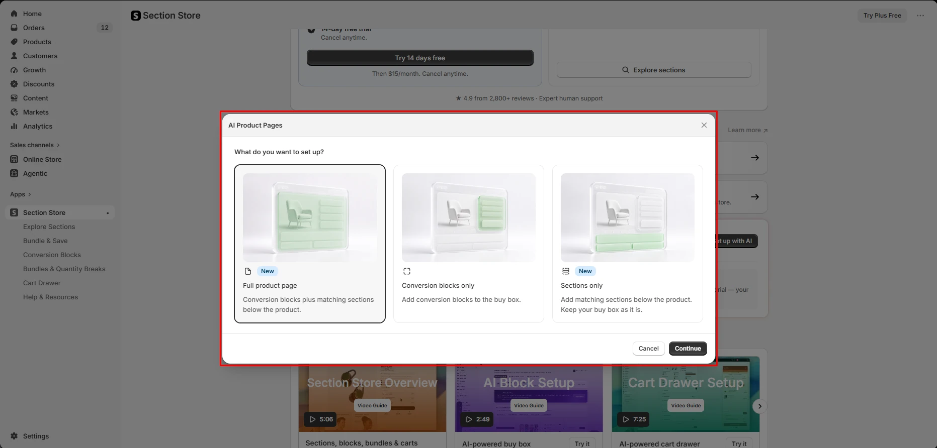 Section Store AI Product Pages setup offering full product page, conversion blocks only, or sections only